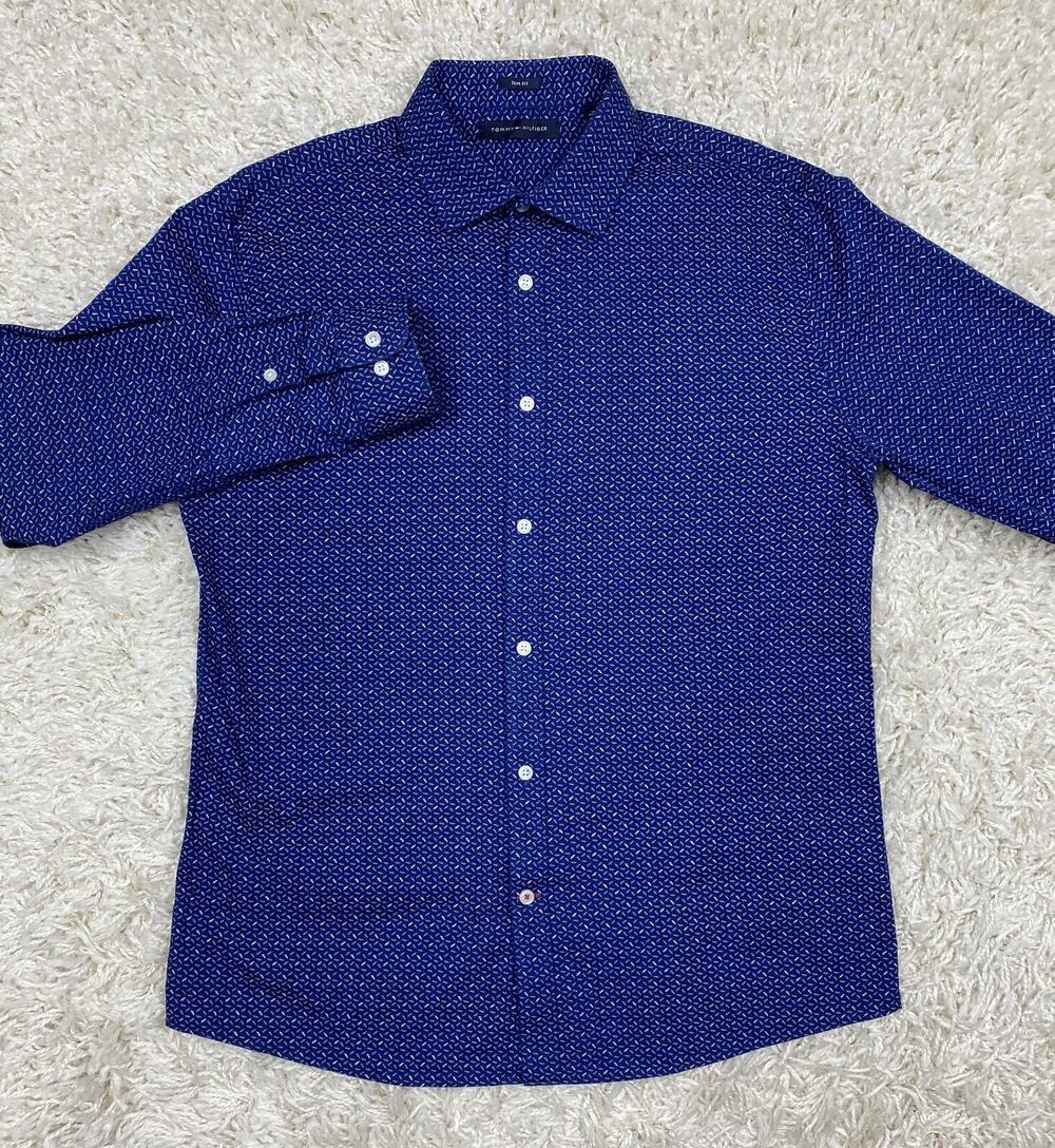 Tommy Hilfiger Mens Slim Fit Dress Shirt 16 34/35 Large Navy Blue Leaf Geo L/S